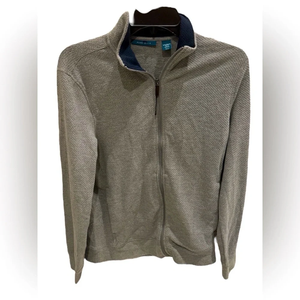 Perry Ellis Grayish Cotton Poly Fleece Zippered SWEATER Small